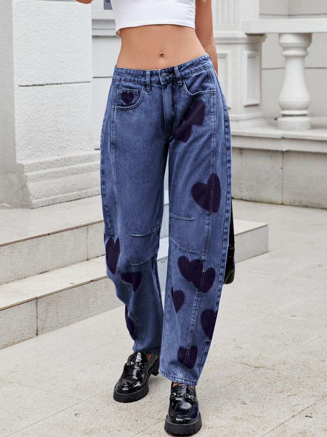 Barrel Leg Heart Mid Rise Jeans - Oh she Rose