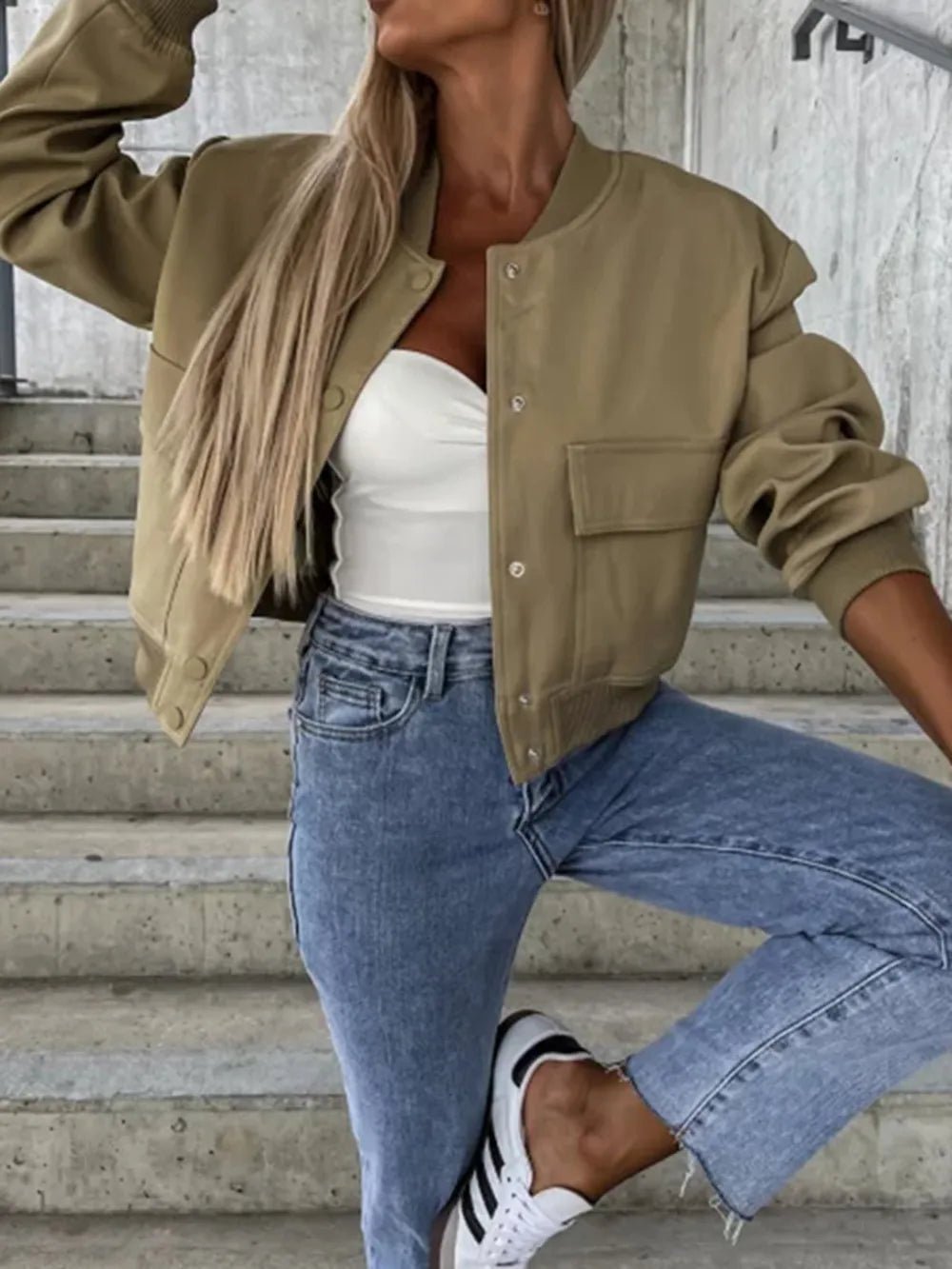 Baseball Collar Dropped Shoulder Jacket - Oh she Rose