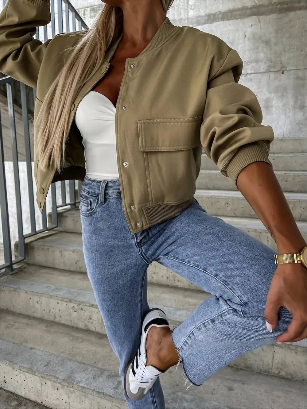 Baseball Collar Dropped Shoulder Jacket - Oh she Rose