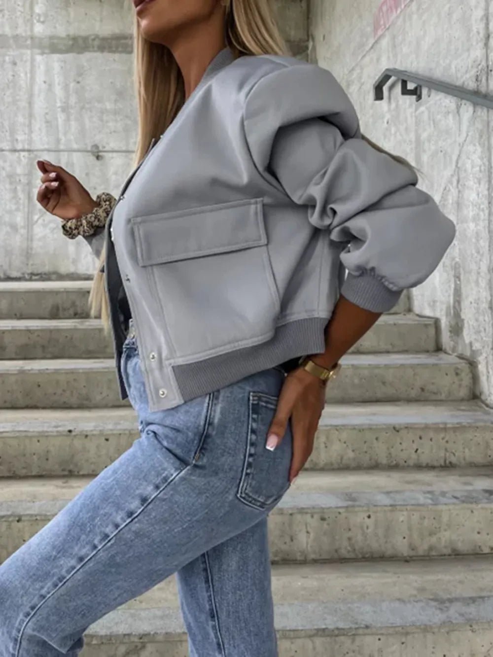 Baseball Collar Dropped Shoulder Jacket - Oh she Rose