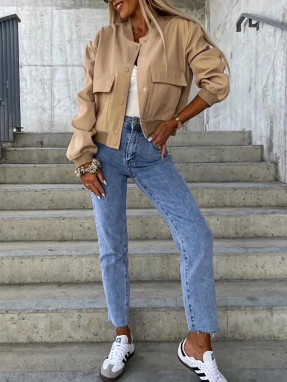 Baseball Collar Dropped Shoulder Jacket - Oh she Rose