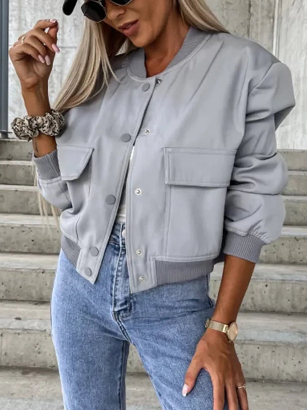 Baseball Collar Dropped Shoulder Jacket - Oh she Rose