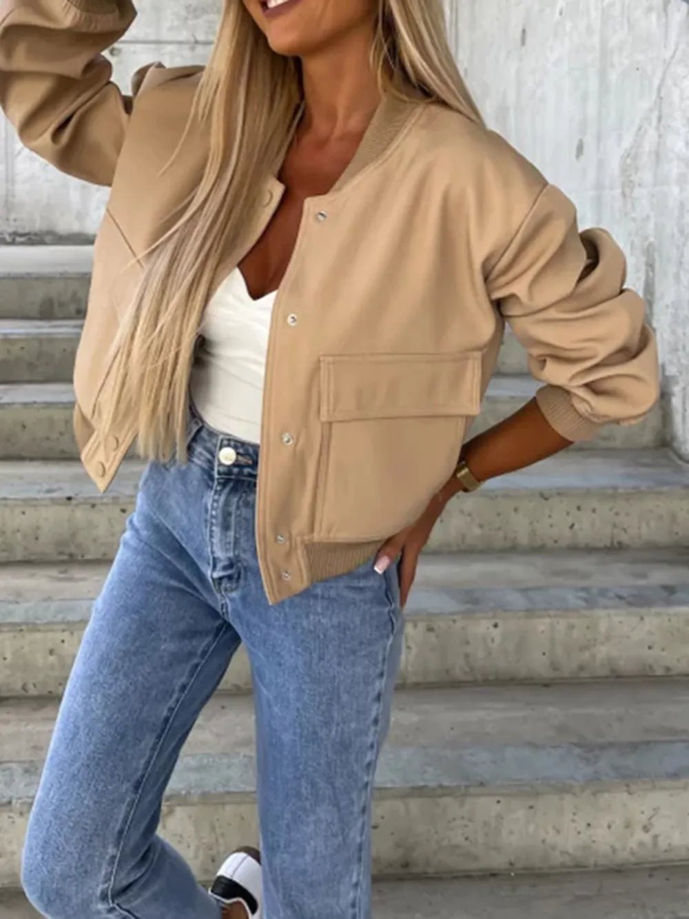 Baseball Collar Dropped Shoulder Jacket - Oh she Rose