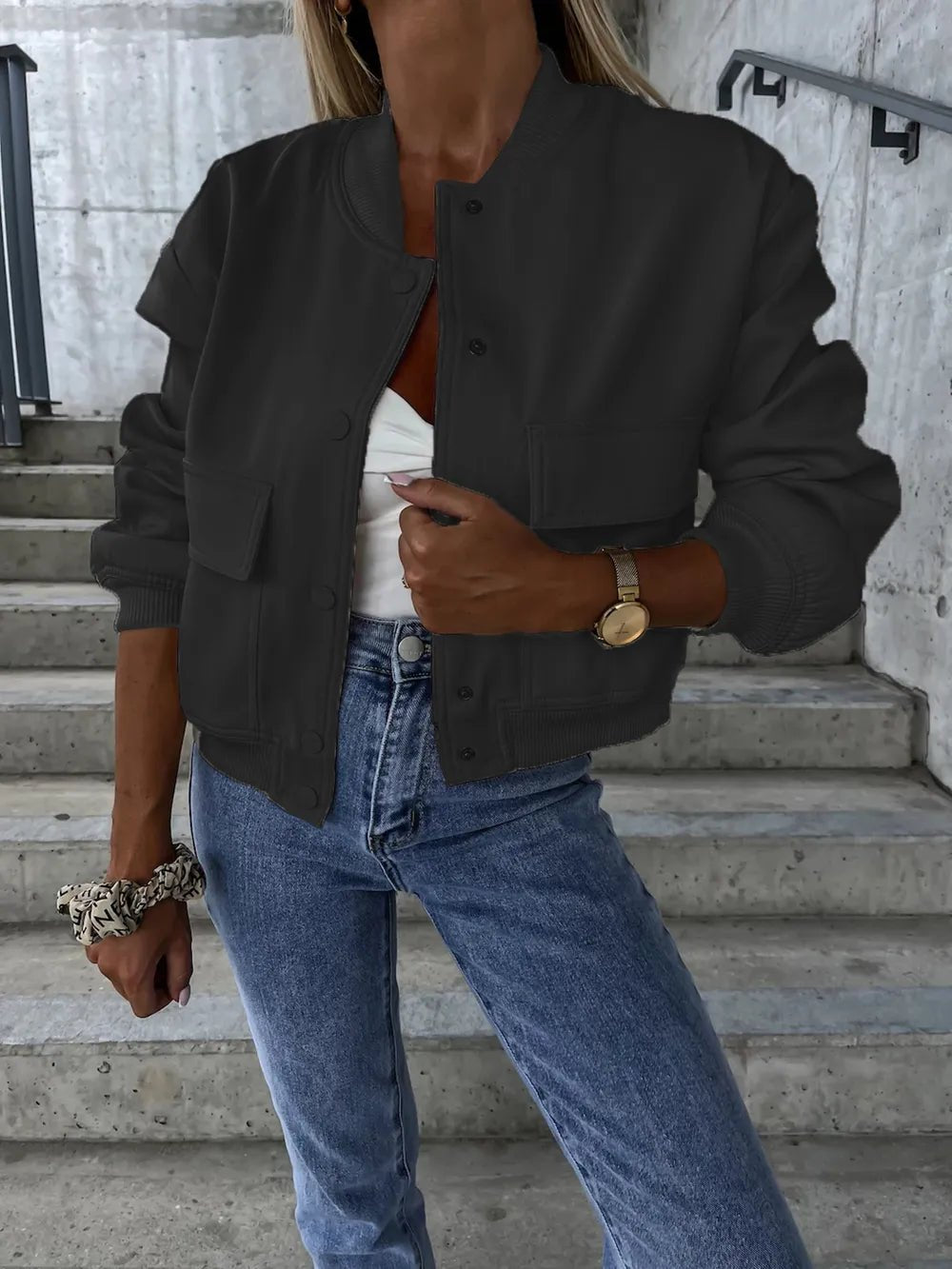 Baseball Collar Dropped Shoulder Jacket - Oh she Rose