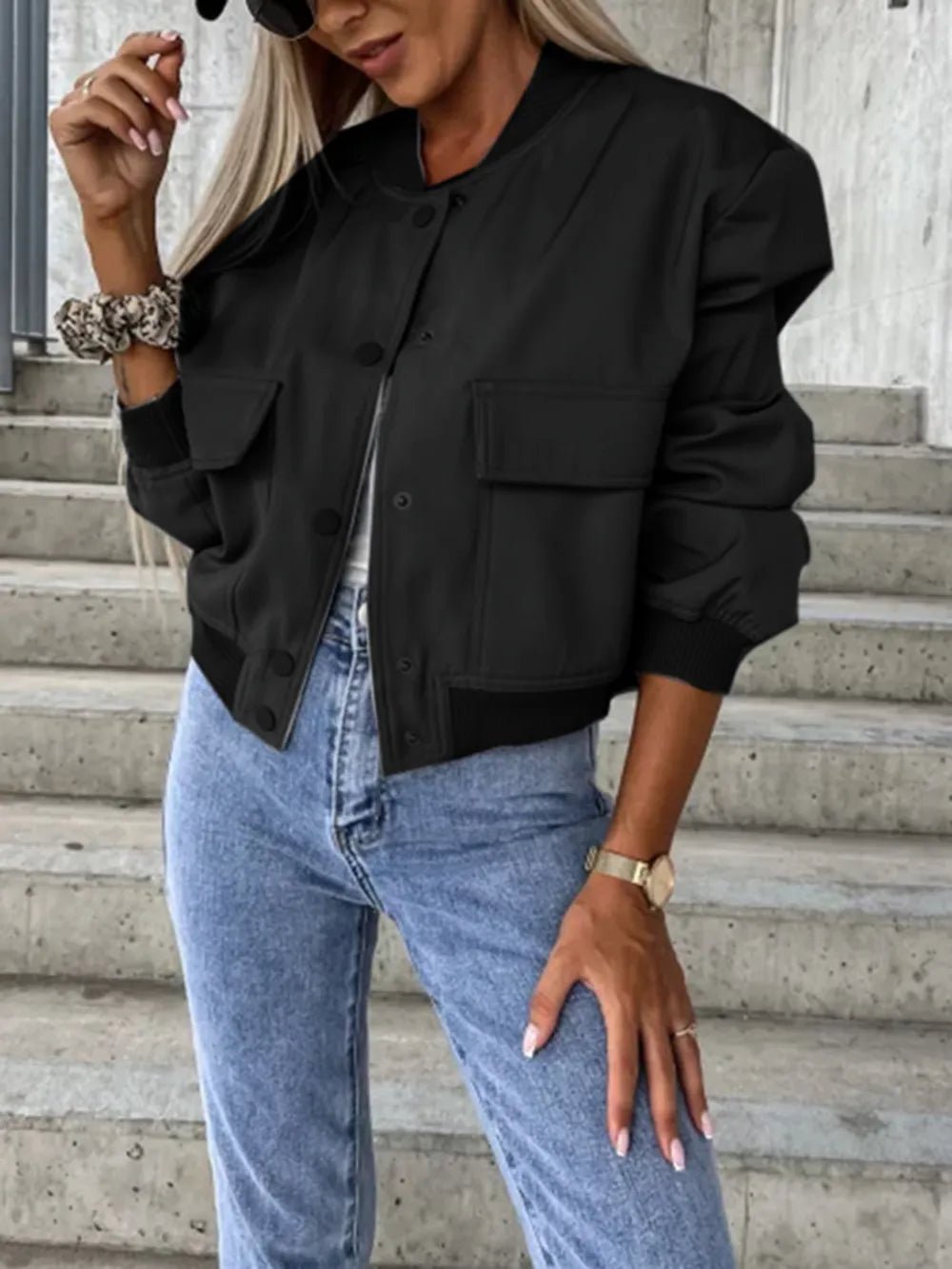 Baseball Collar Dropped Shoulder Jacket - Oh she Rose