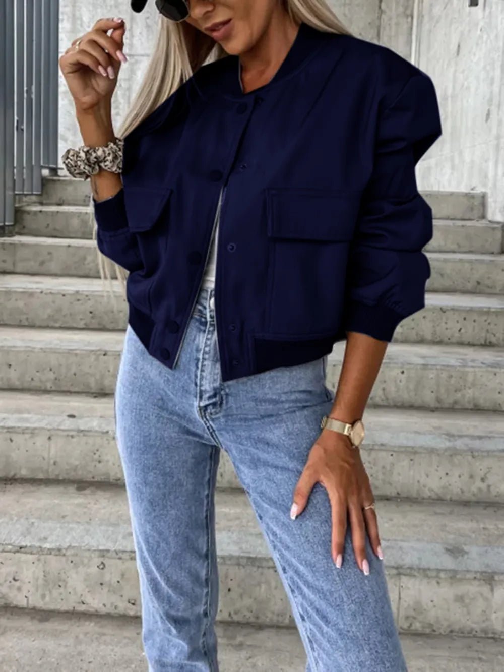 Baseball Collar Dropped Shoulder Jacket - Oh she Rose