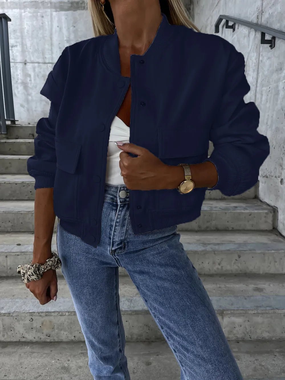 Baseball Collar Dropped Shoulder Jacket - Oh she Rose