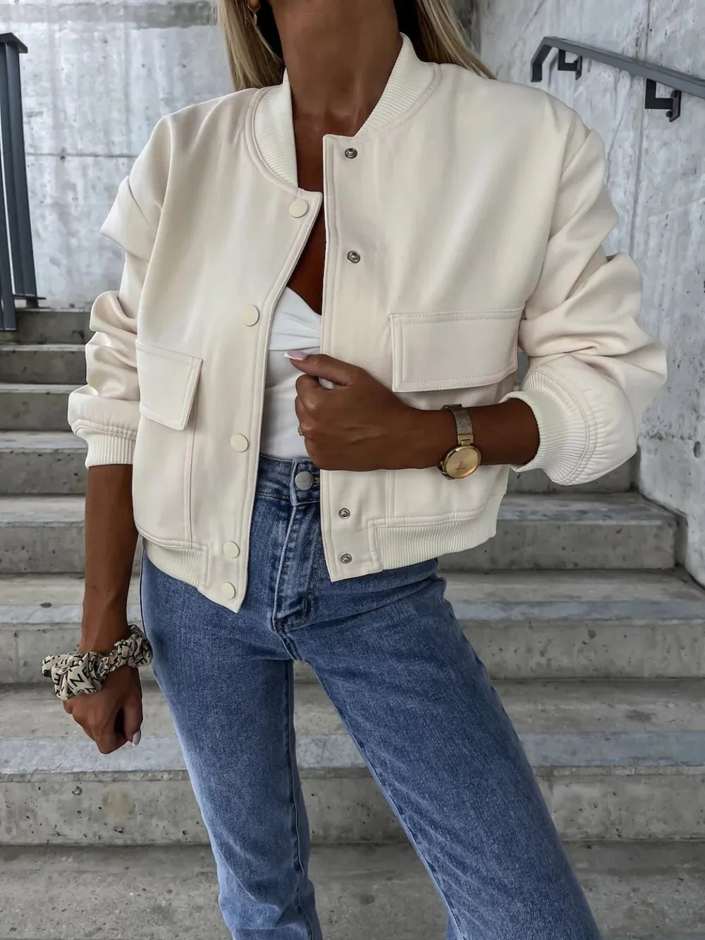 Baseball Collar Dropped Shoulder Jacket - Oh she Rose