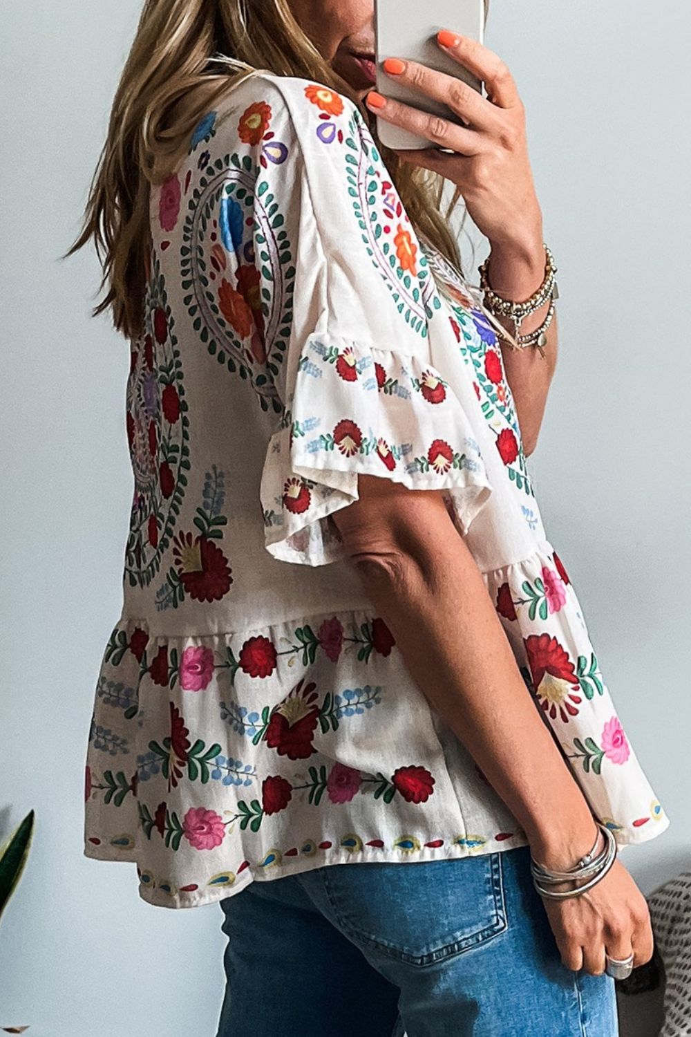Boho Floral Print Round Neck Ruffle Trim Blouse - Oh she Rose