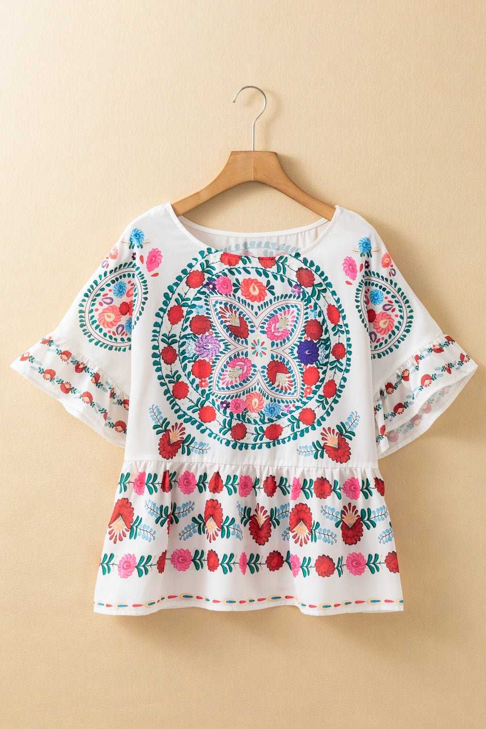 Boho Floral Print Round Neck Ruffle Trim Blouse - Oh she Rose
