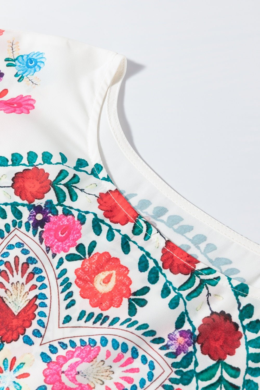 Boho Floral Print Round Neck Ruffle Trim Blouse - Oh she Rose
