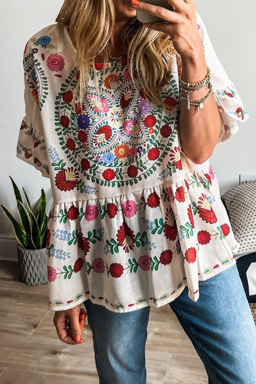 Boho Floral Print Round Neck Ruffle Trim Blouse - Oh she Rose
