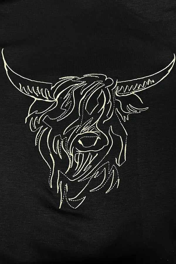 Bull Head Embroidered Round Neck T Shirt - Oh she Rose