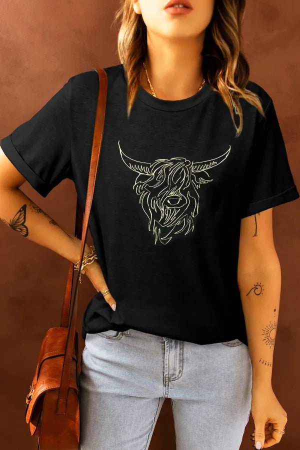 Bull Head Embroidered Round Neck T Shirt - Oh she Rose