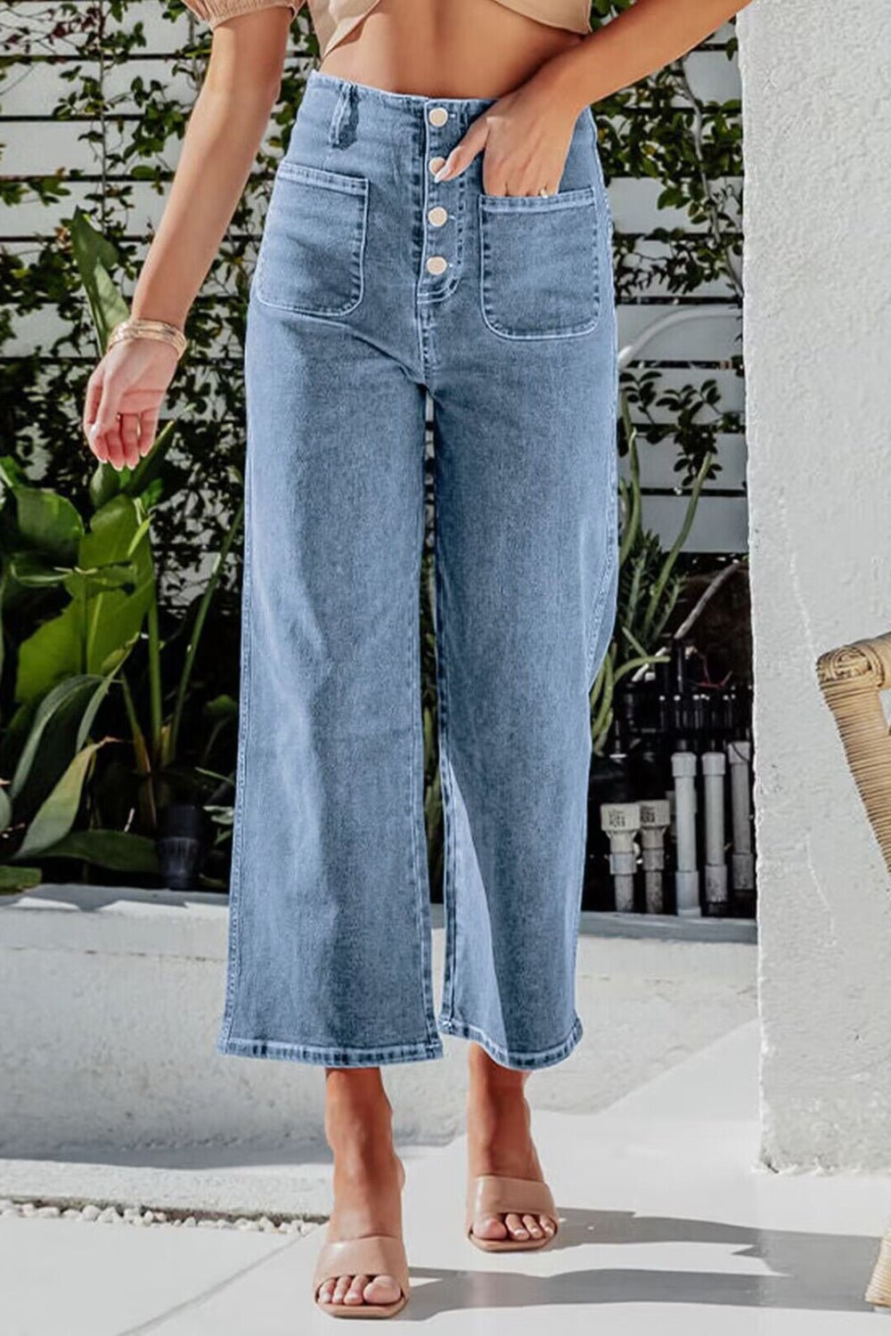 Button Fly Cropped Wide Leg Jeans - Oh she Rose