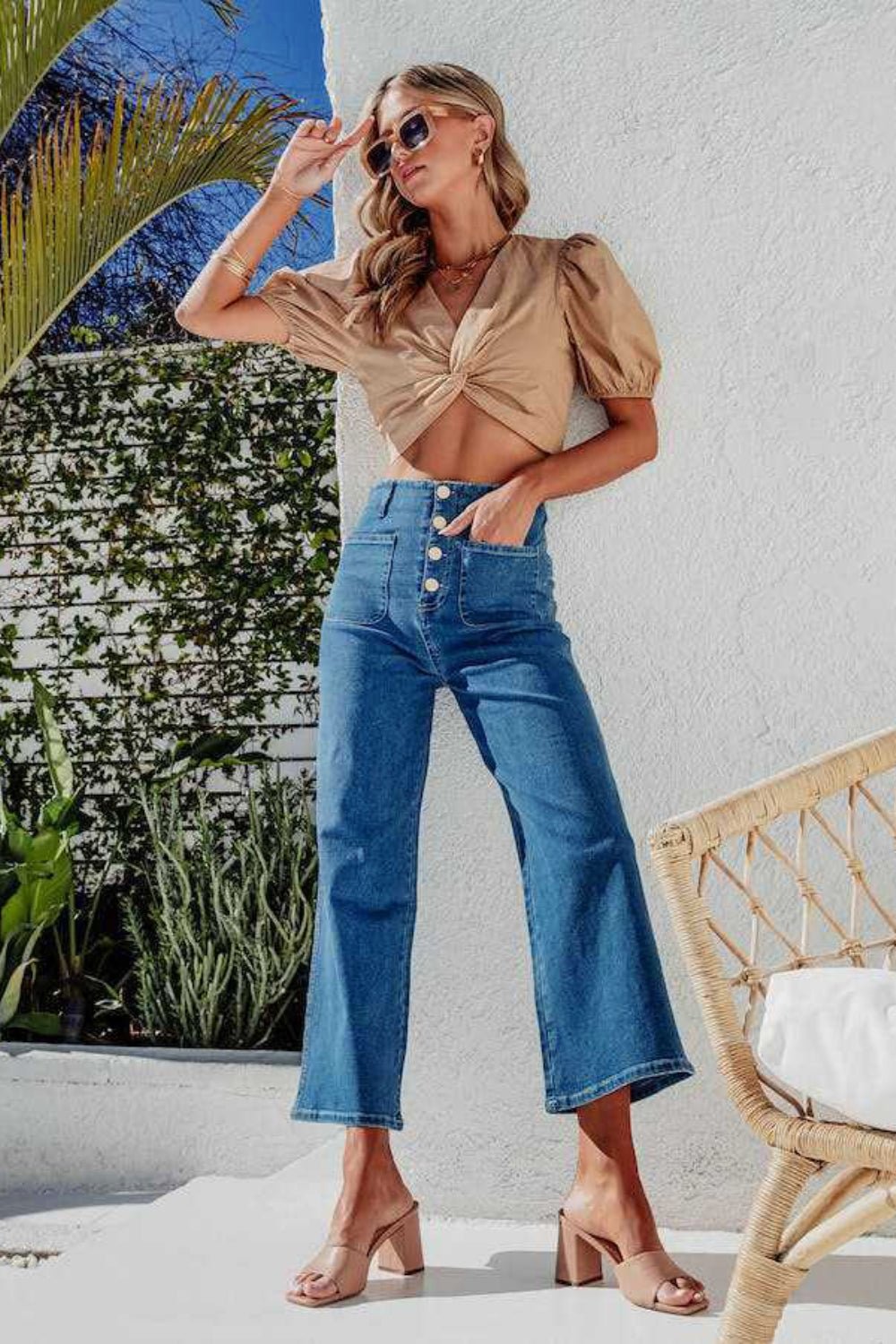 Button Fly Cropped Wide Leg Jeans - Oh she Rose