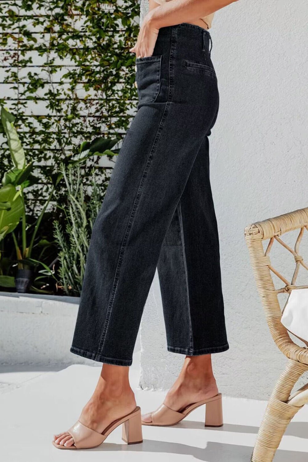 Button Fly Cropped Wide Leg Jeans - Oh she Rose