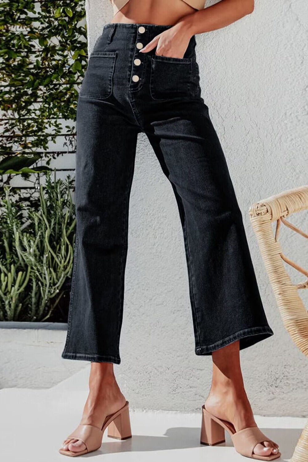 Button Fly Cropped Wide Leg Jeans - Oh she Rose