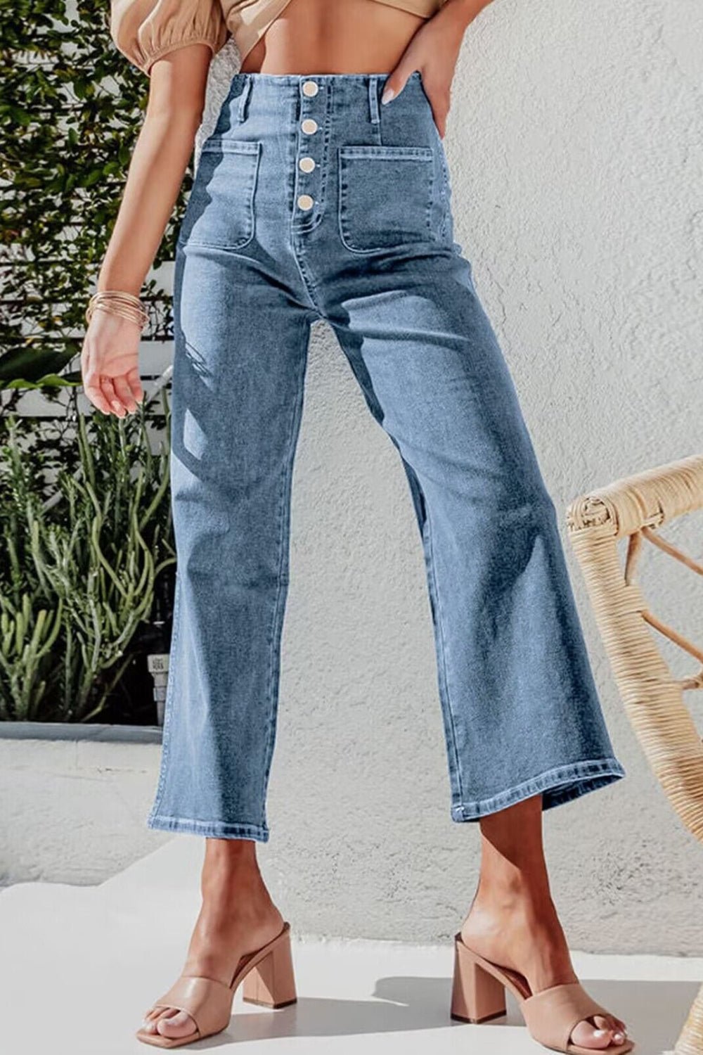 Button Fly Cropped Wide Leg Jeans - Oh she Rose