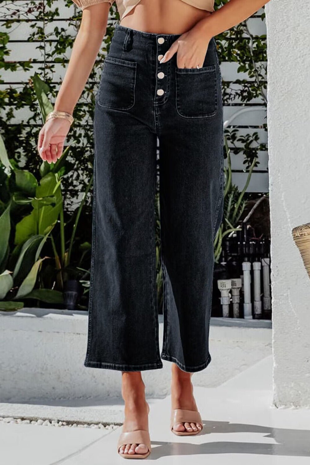 Button Fly Cropped Wide Leg Jeans - Oh she Rose