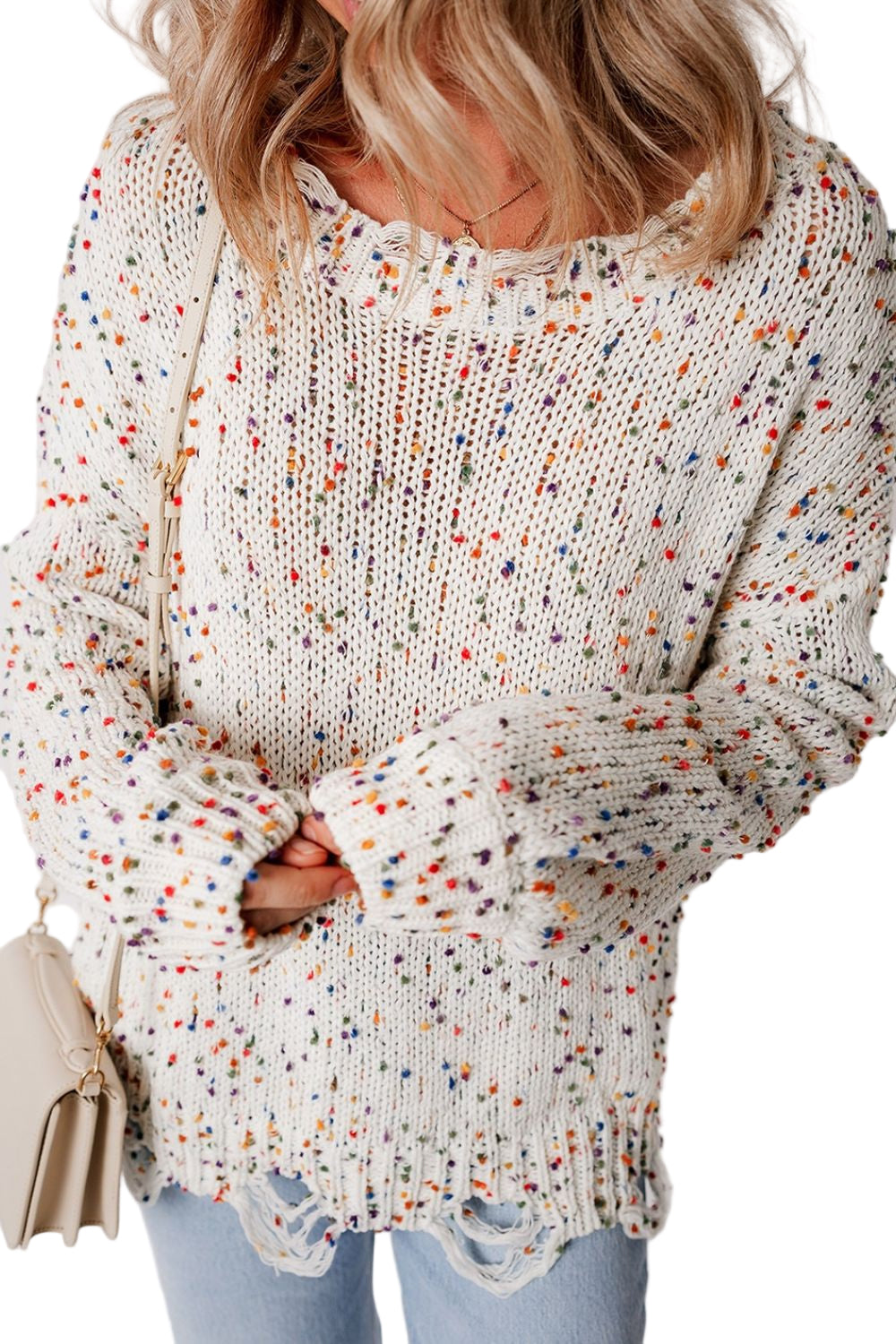 Confetti Distressed Hem Long Sleeve Sweater - Oh she Rose
