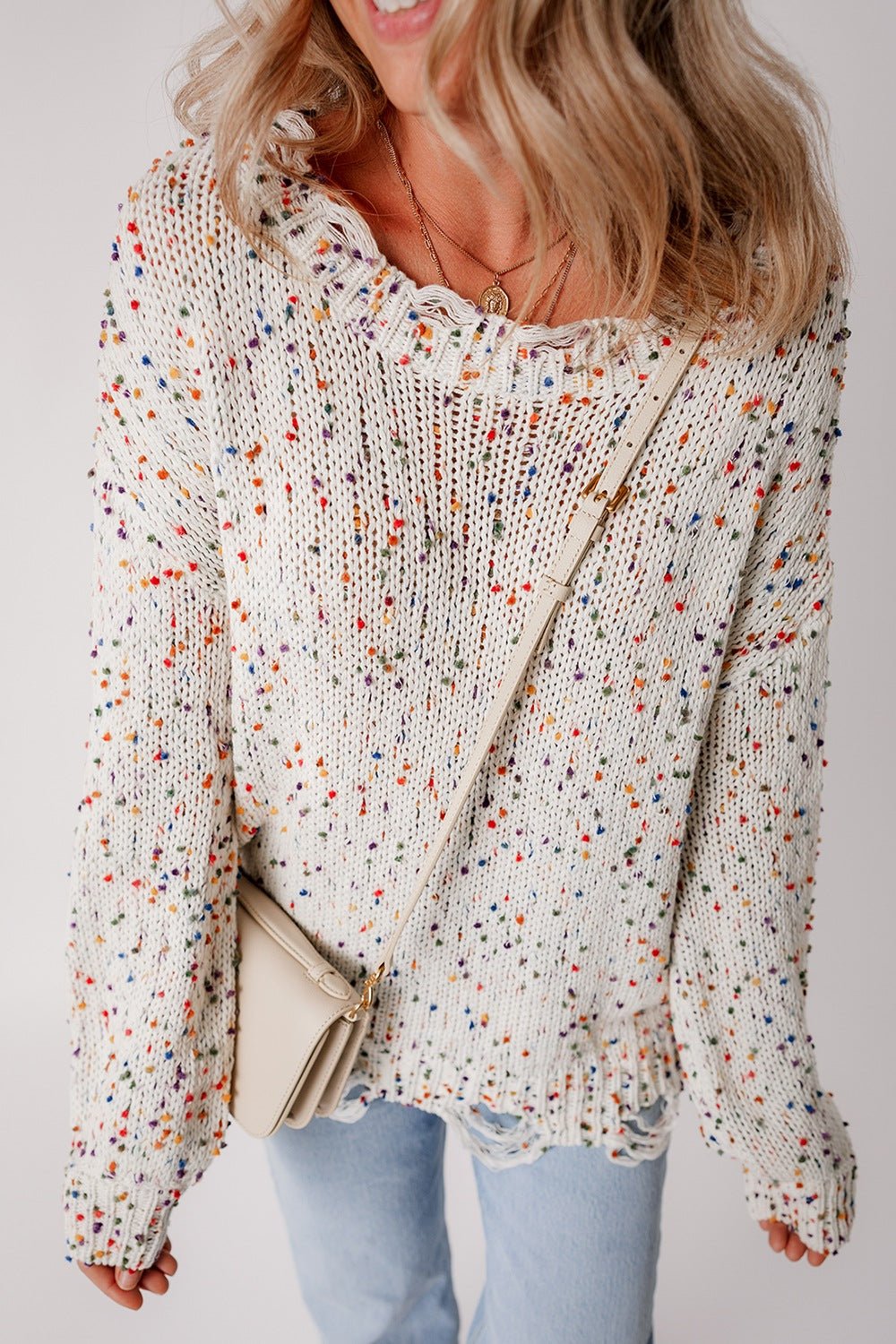 Confetti Distressed Hem Long Sleeve Sweater - Oh she Rose