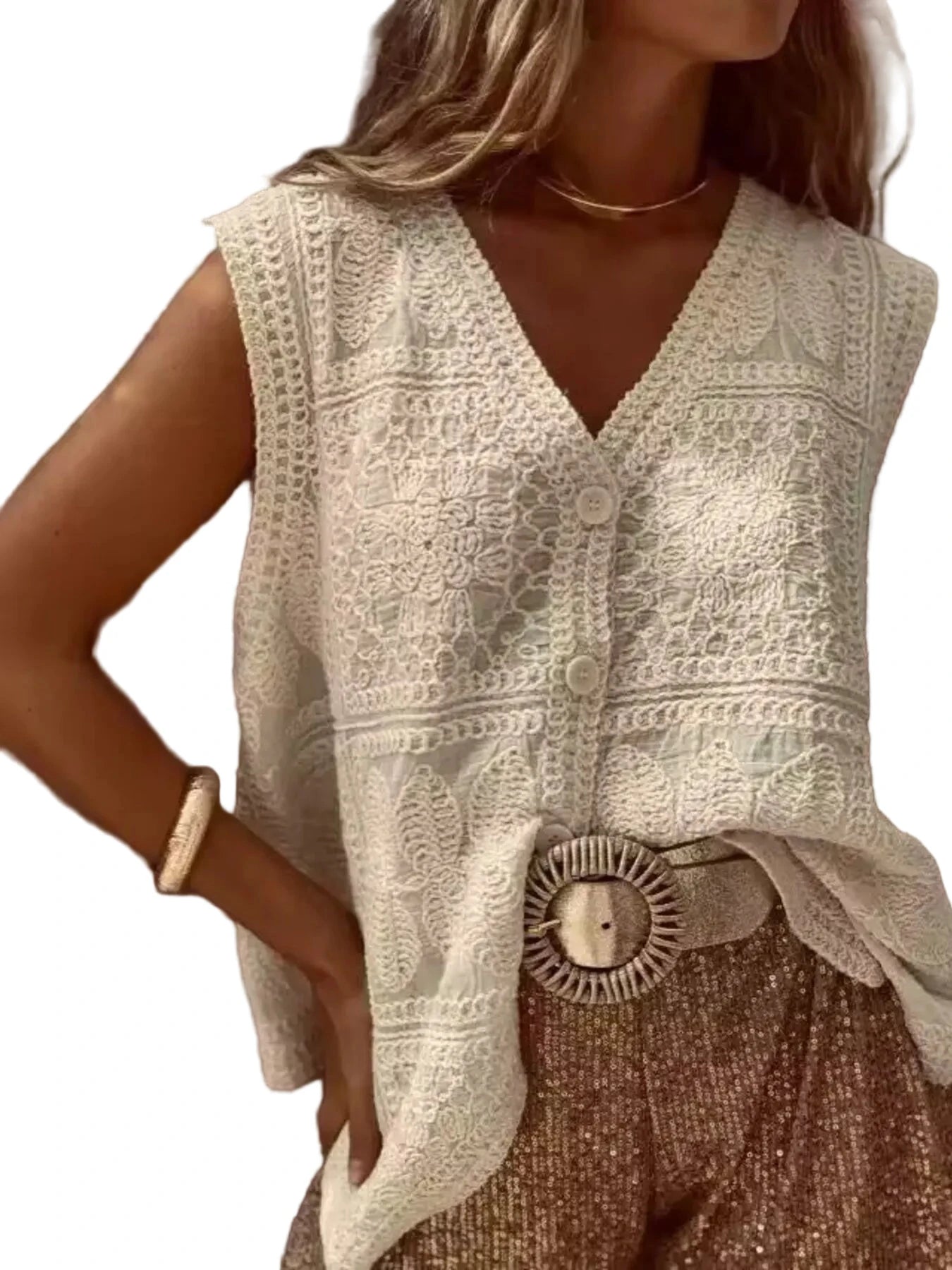 Crochet Lace V - Neck Vest - Oh she Rose