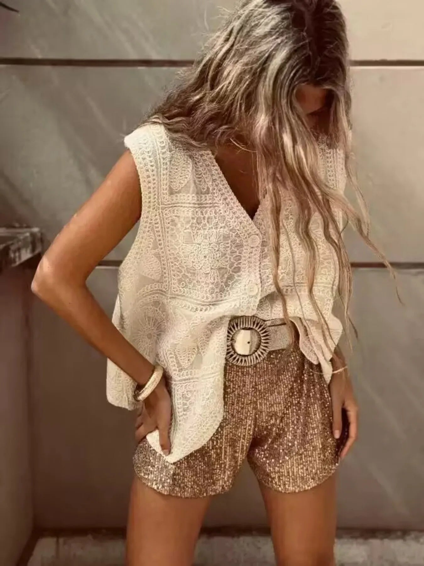 Crochet Lace V - Neck Vest - Oh she Rose