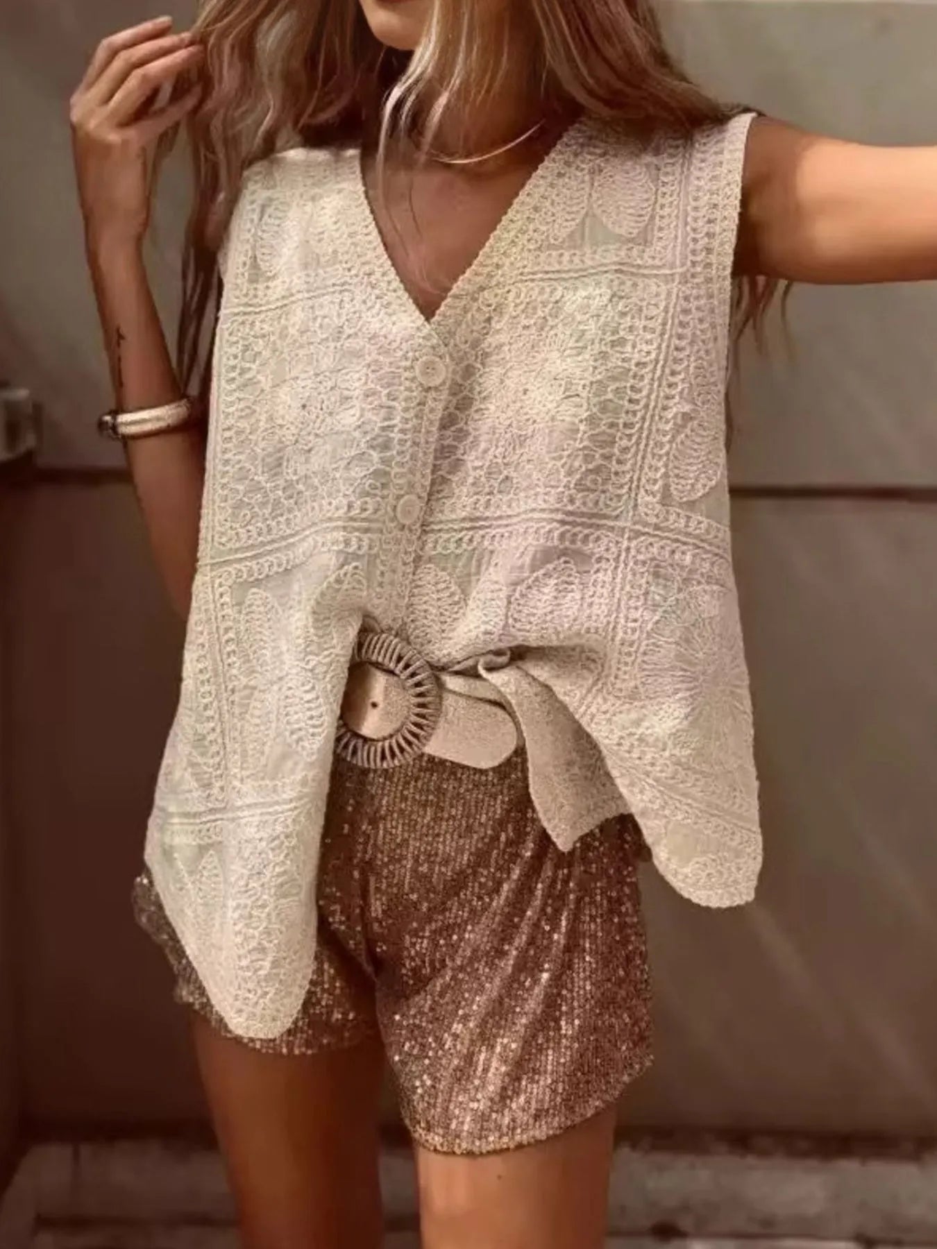 Crochet Lace V - Neck Vest - Oh she Rose