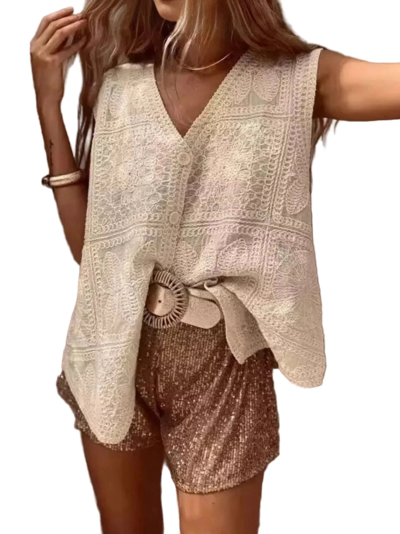 Crochet Lace V - Neck Vest - Oh she Rose