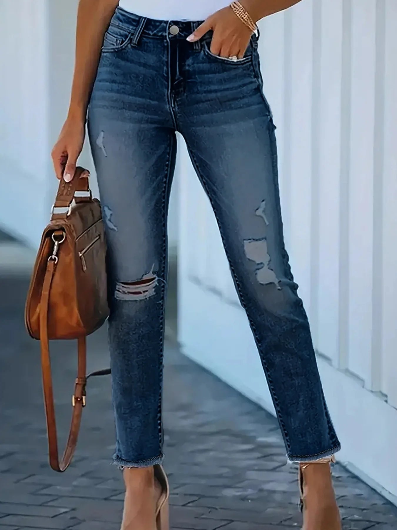 Distressed High - Waisted Skinny Jeans - Oh she Rose