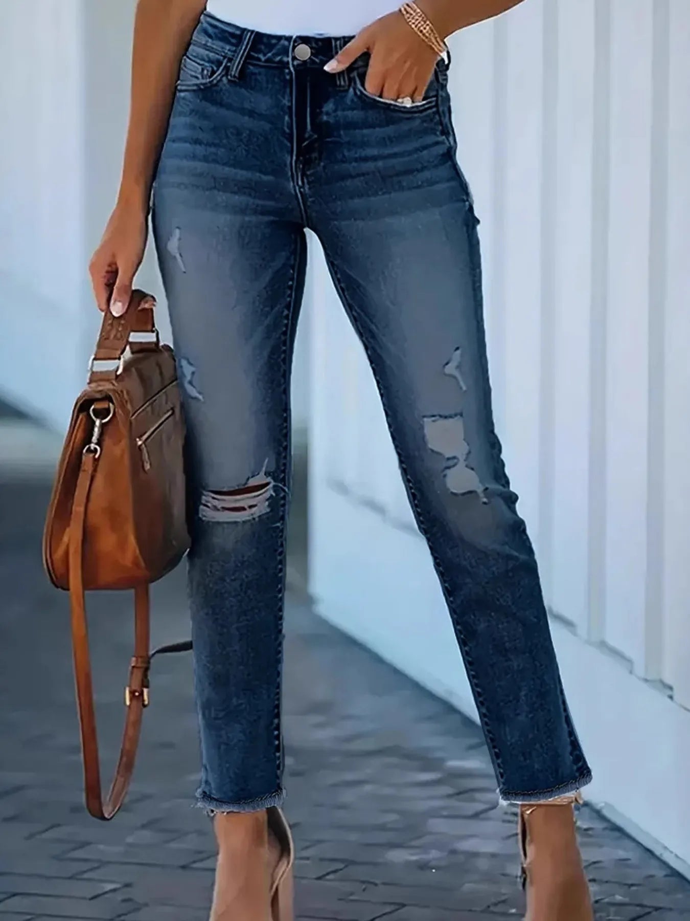 Distressed High - Waisted Skinny Jeans - Oh she Rose
