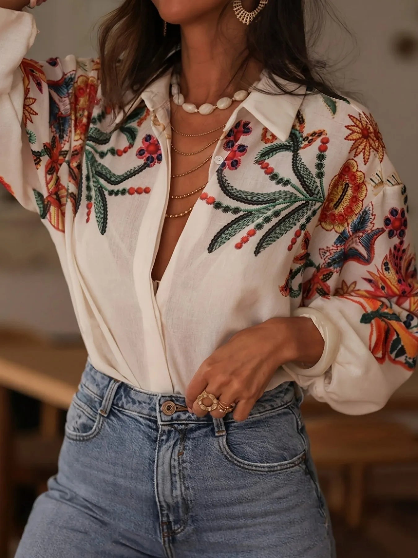 Floral Button Up Long Sleeve Shirt - Oh she Rose