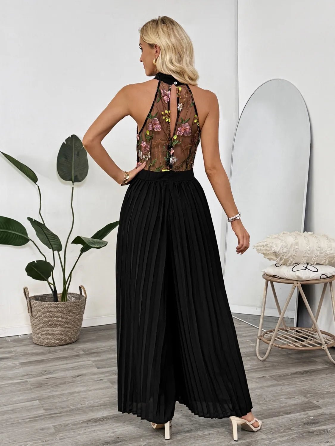 Floral Embroidered Halter Neck Pleated Jumpsuit - Oh she Rose