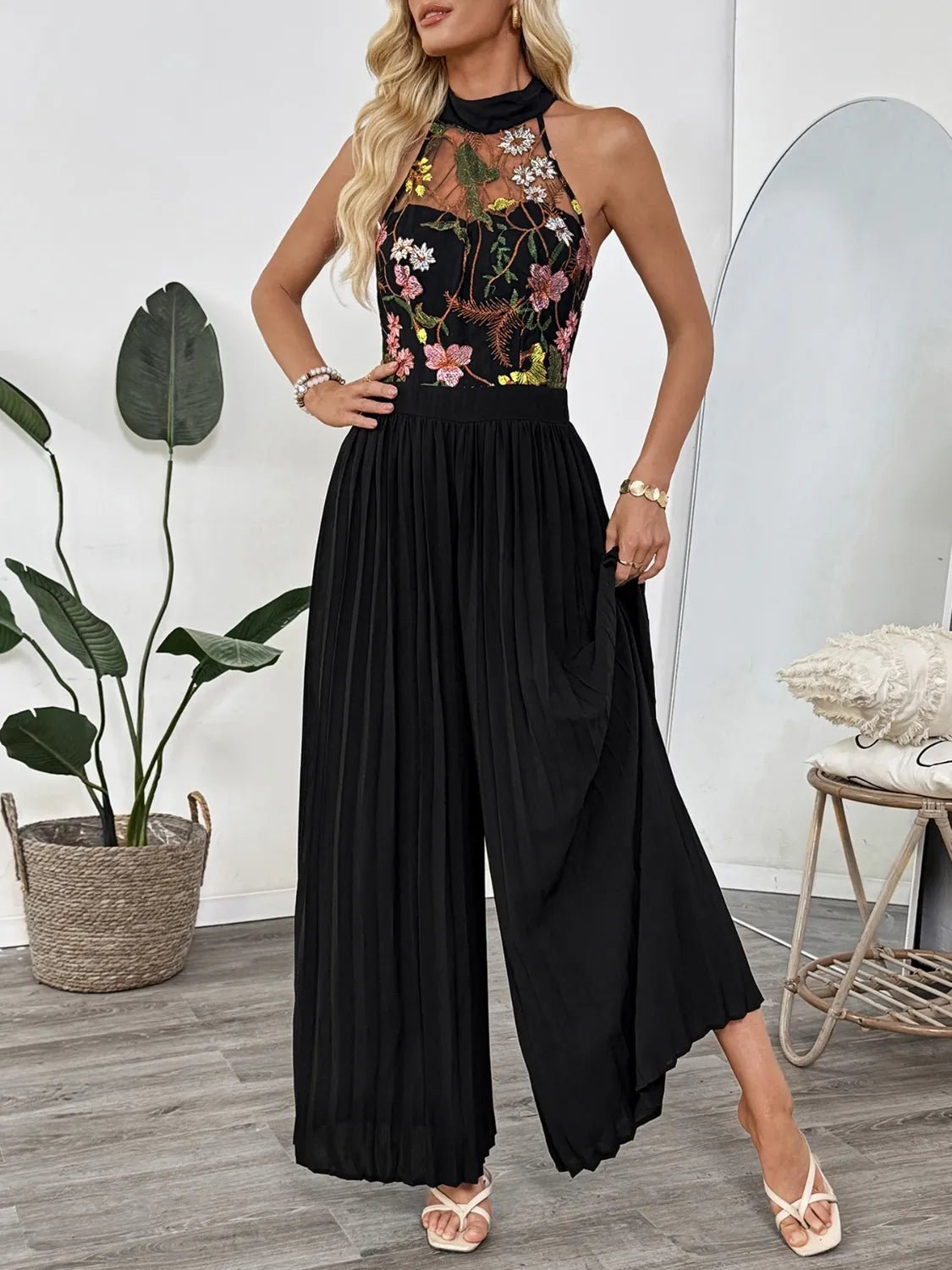 Floral Embroidered Halter Neck Pleated Jumpsuit - Oh she Rose