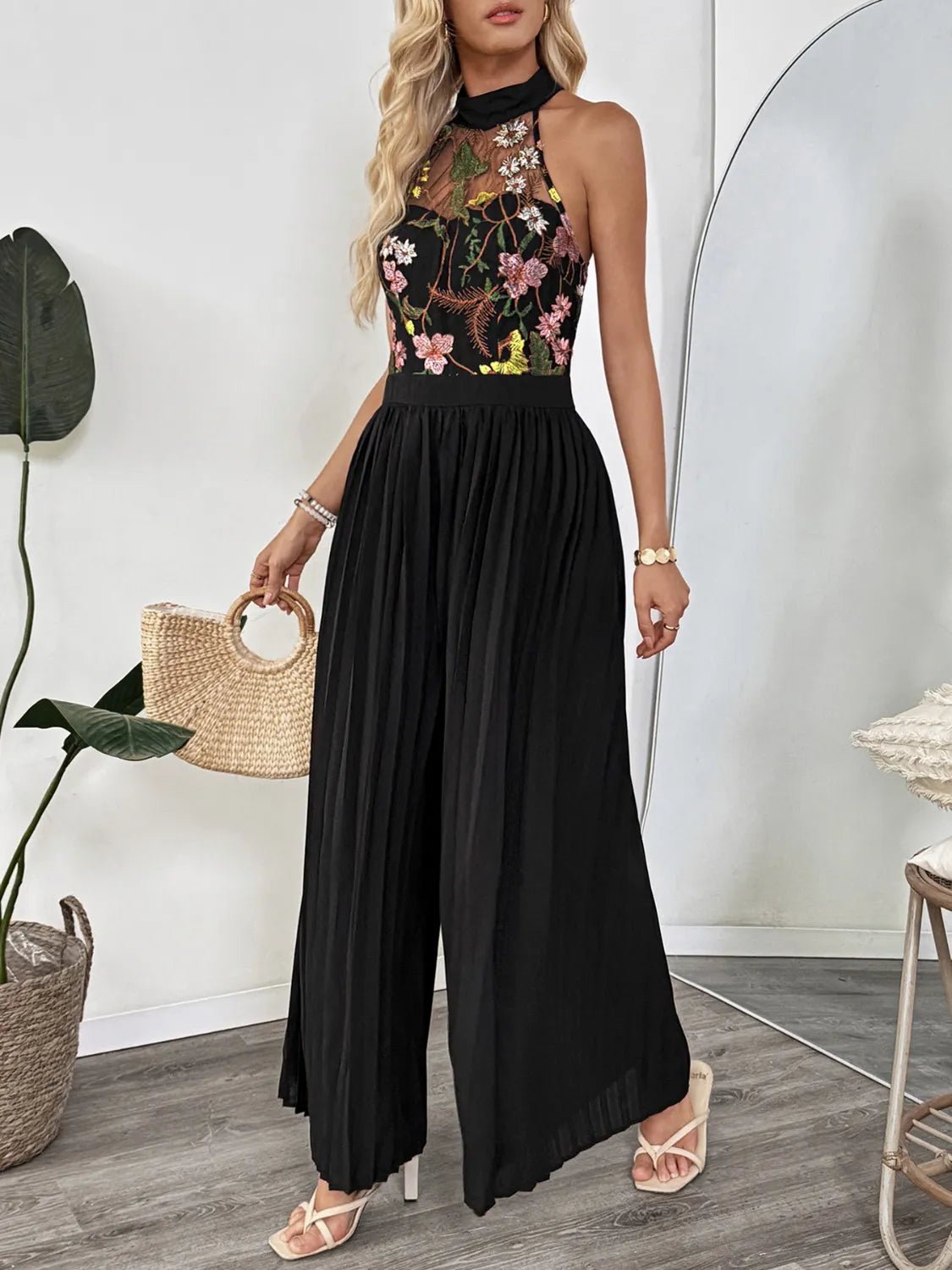 Floral Embroidered Halter Neck Pleated Jumpsuit - Oh she Rose