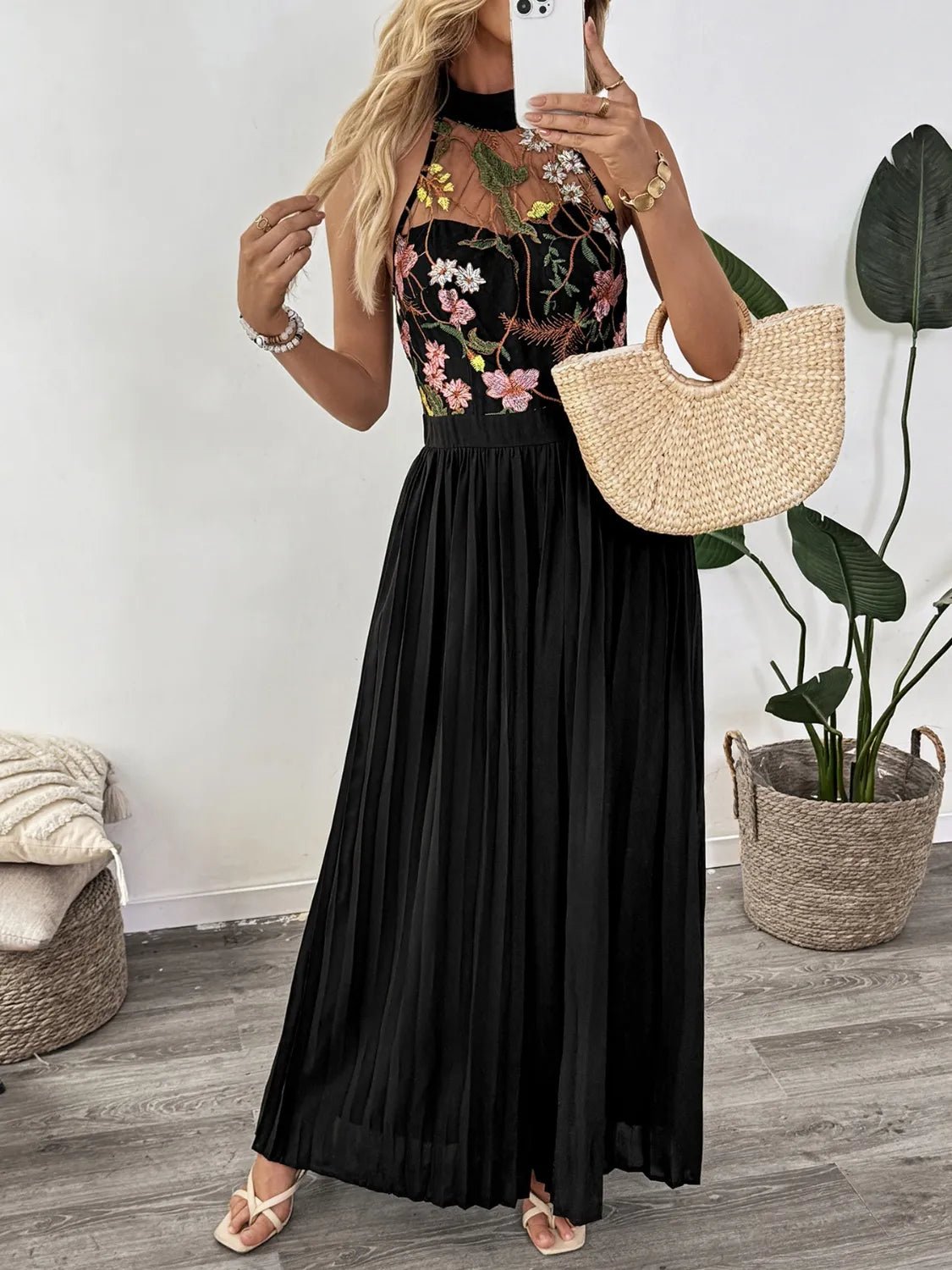 Floral Embroidered Halter Neck Pleated Jumpsuit - Oh she Rose