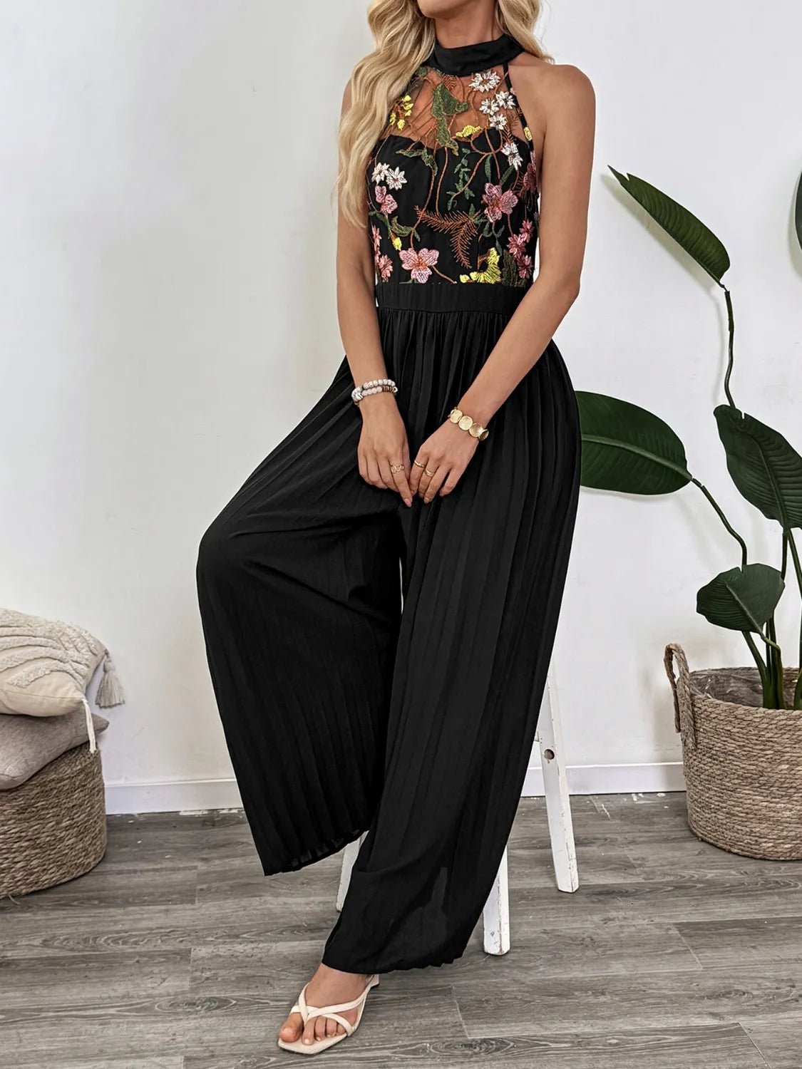 Floral Embroidered Halter Neck Pleated Jumpsuit - Oh she Rose