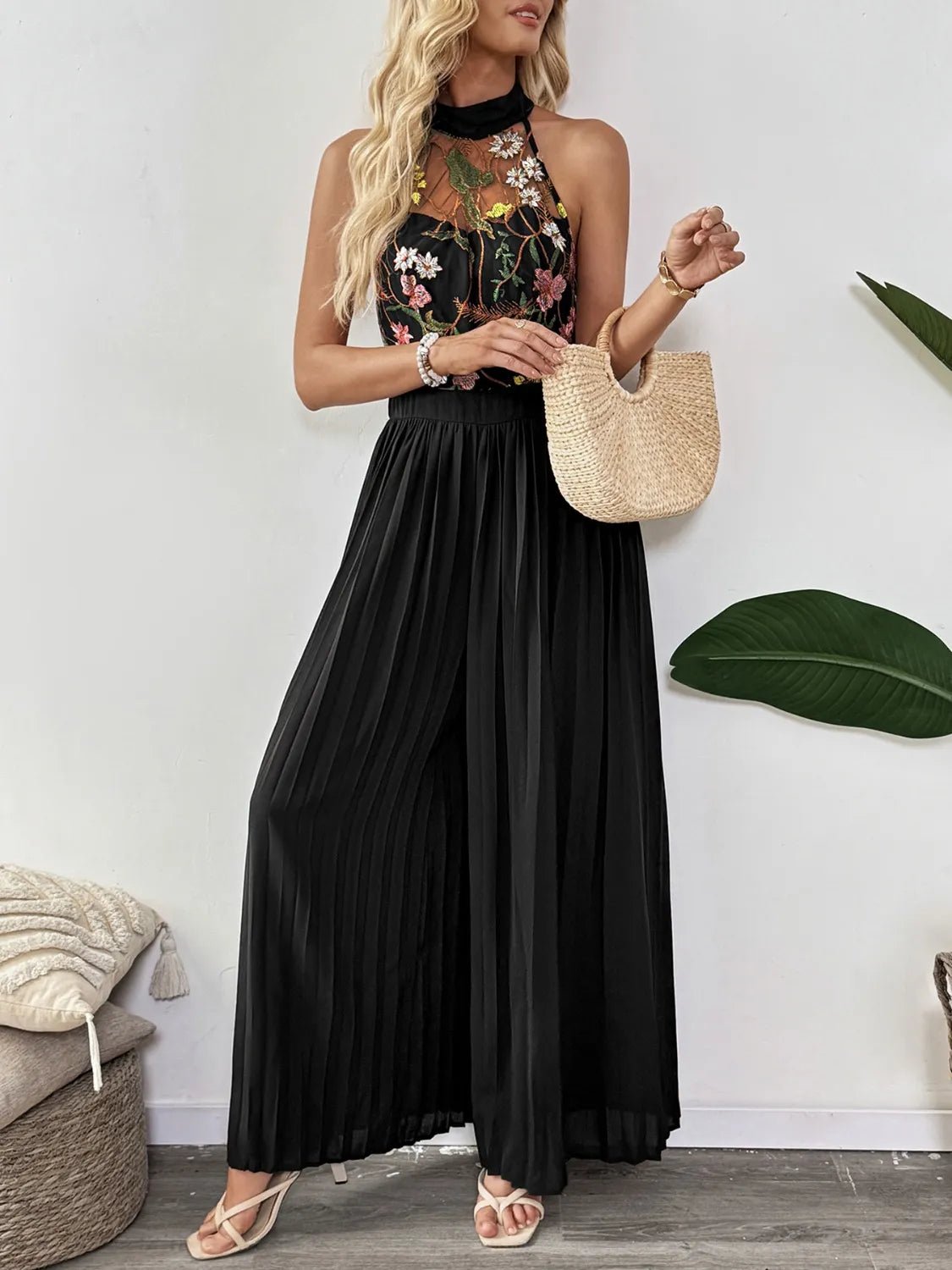Floral Embroidered Halter Neck Pleated Jumpsuit - Oh she Rose