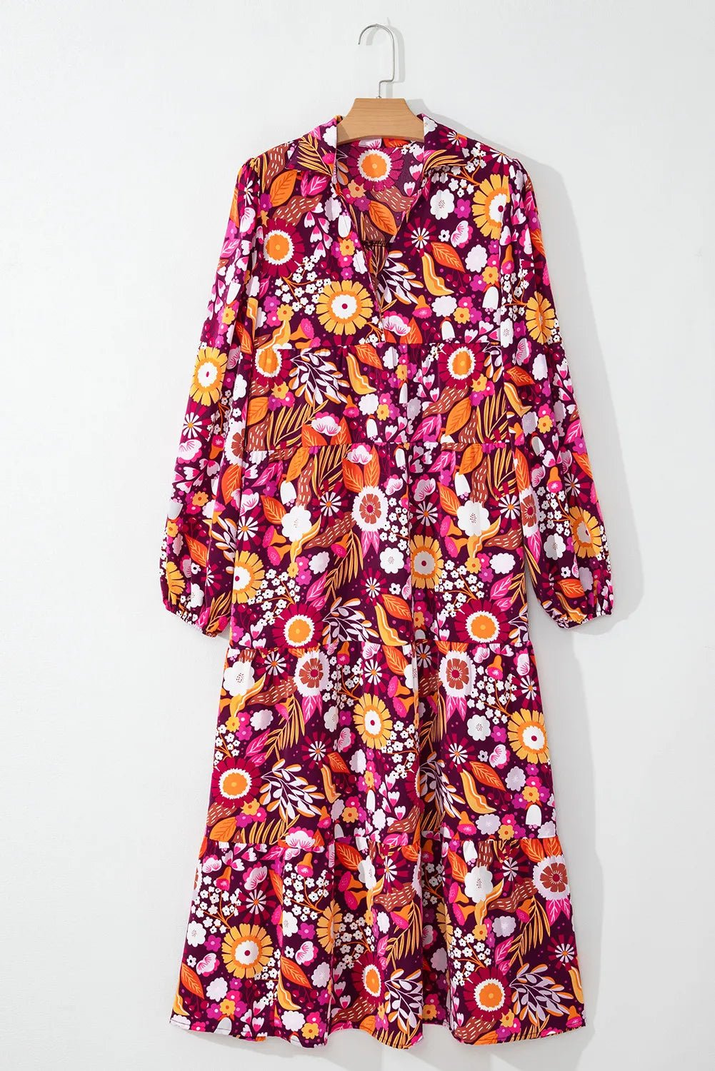 Floral Johnny Collar Long Sleeve Midi Dress - Oh she Rose