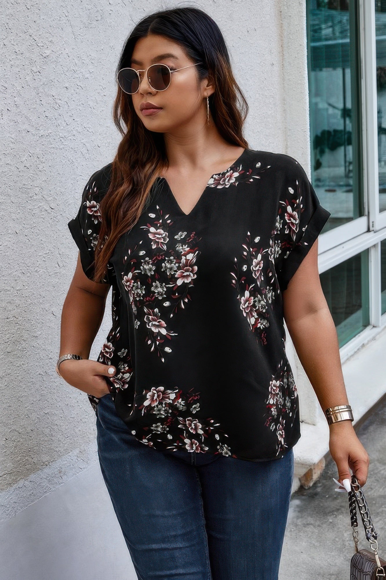 Floral Print V Neck Blouse - Oh she Rose