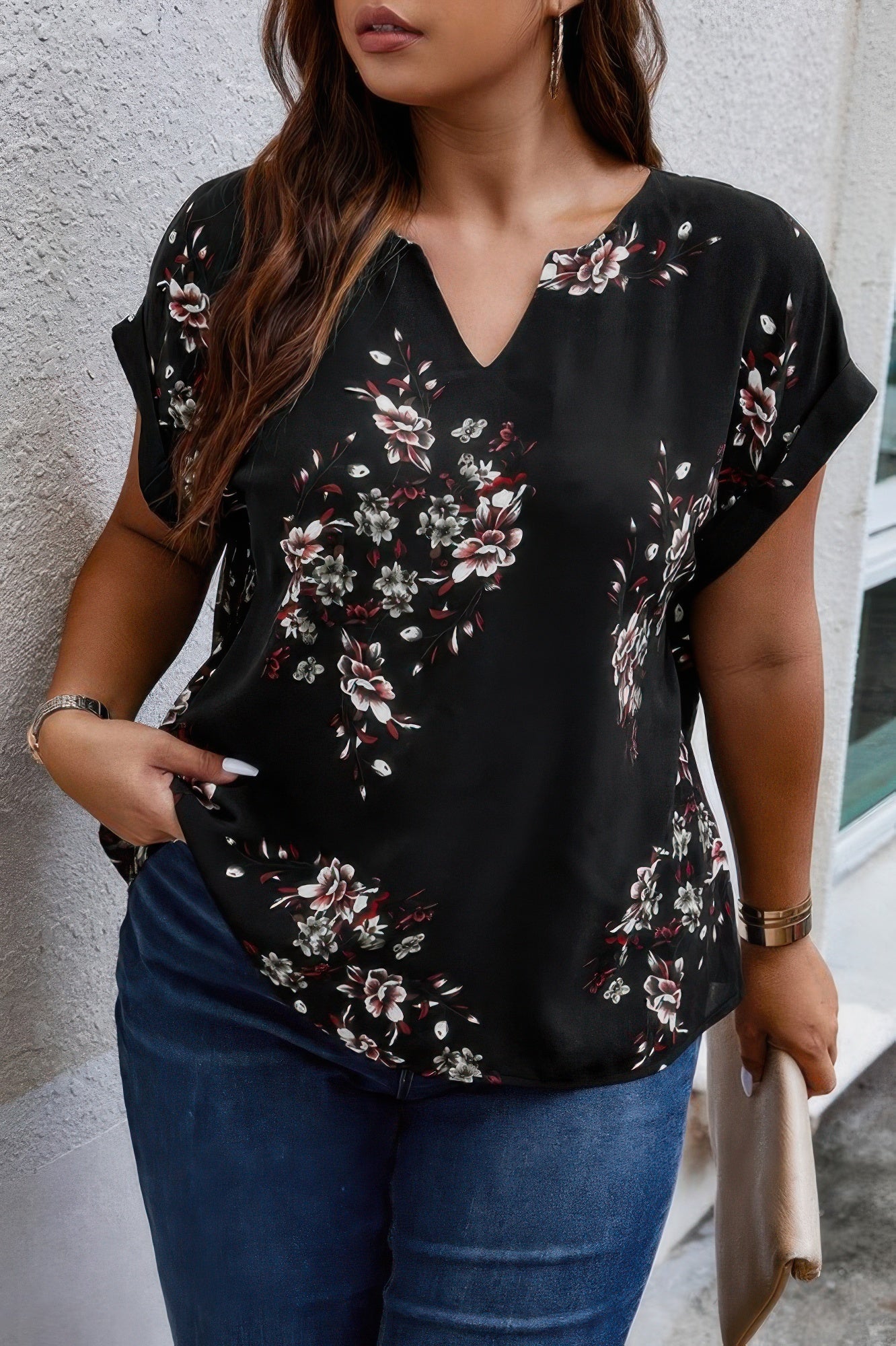 Floral Print V Neck Blouse - Oh she Rose