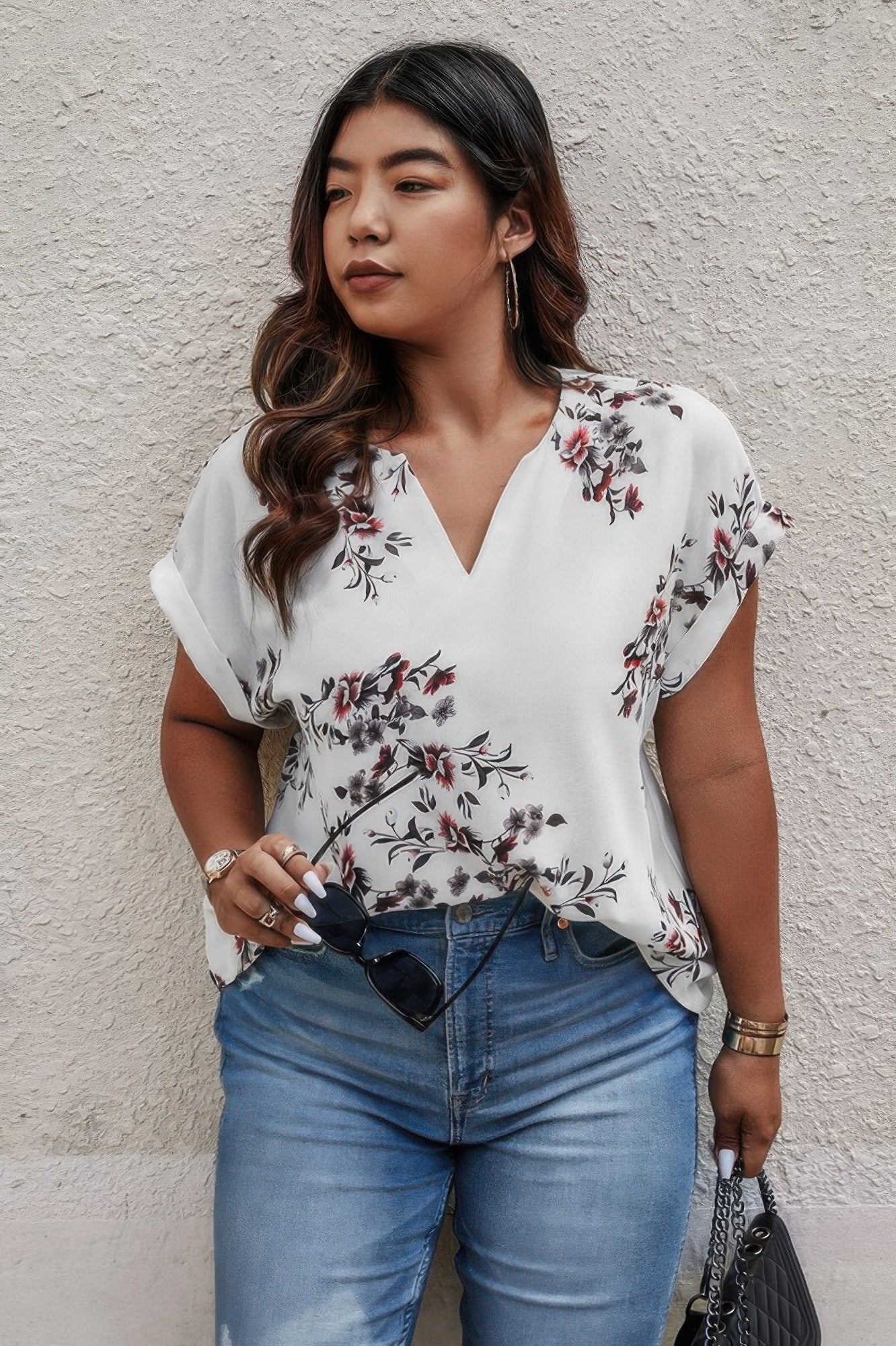 Floral Print V Neck Blouse - Oh she Rose