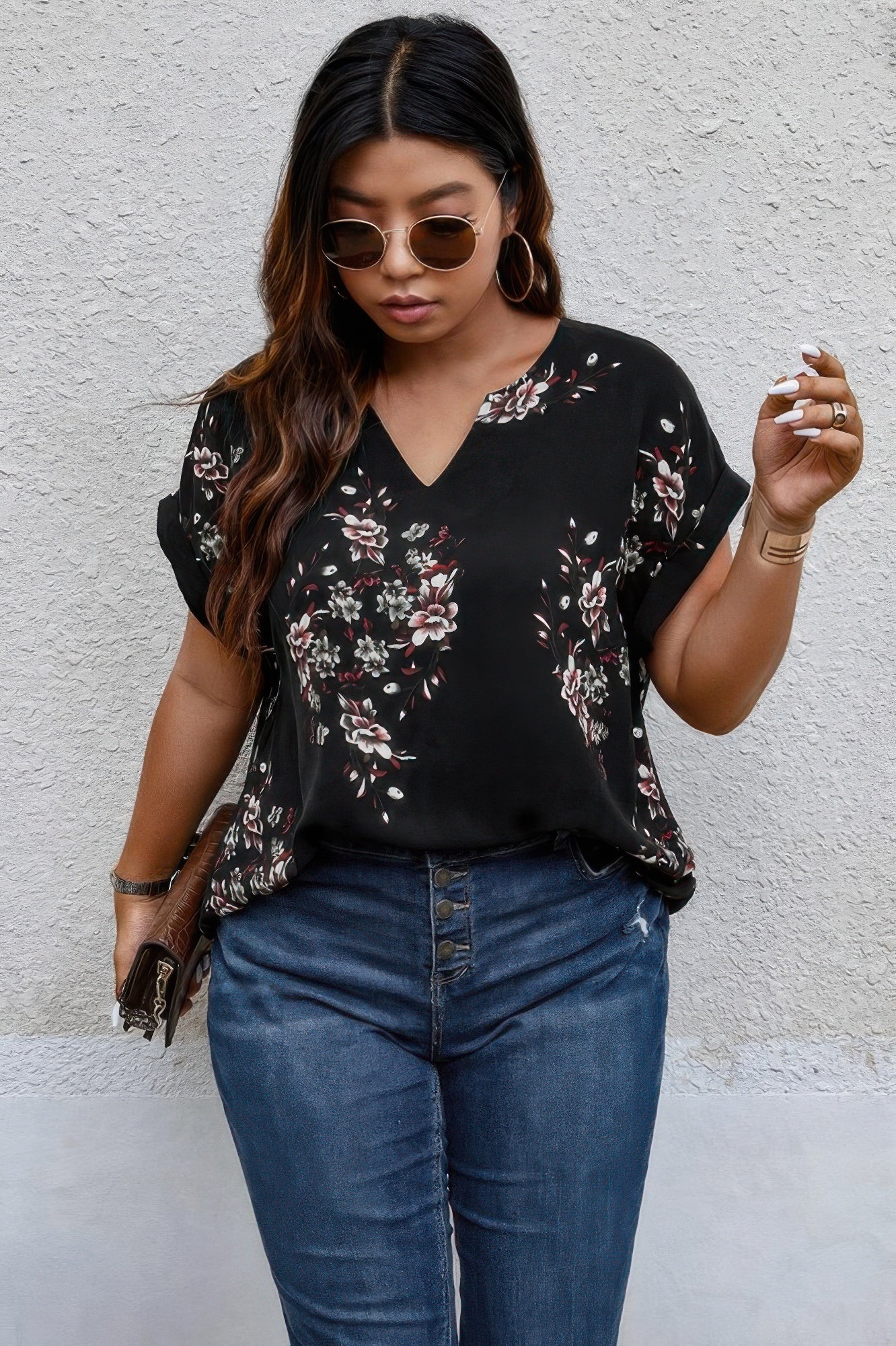 Floral Print V Neck Blouse - Oh she Rose