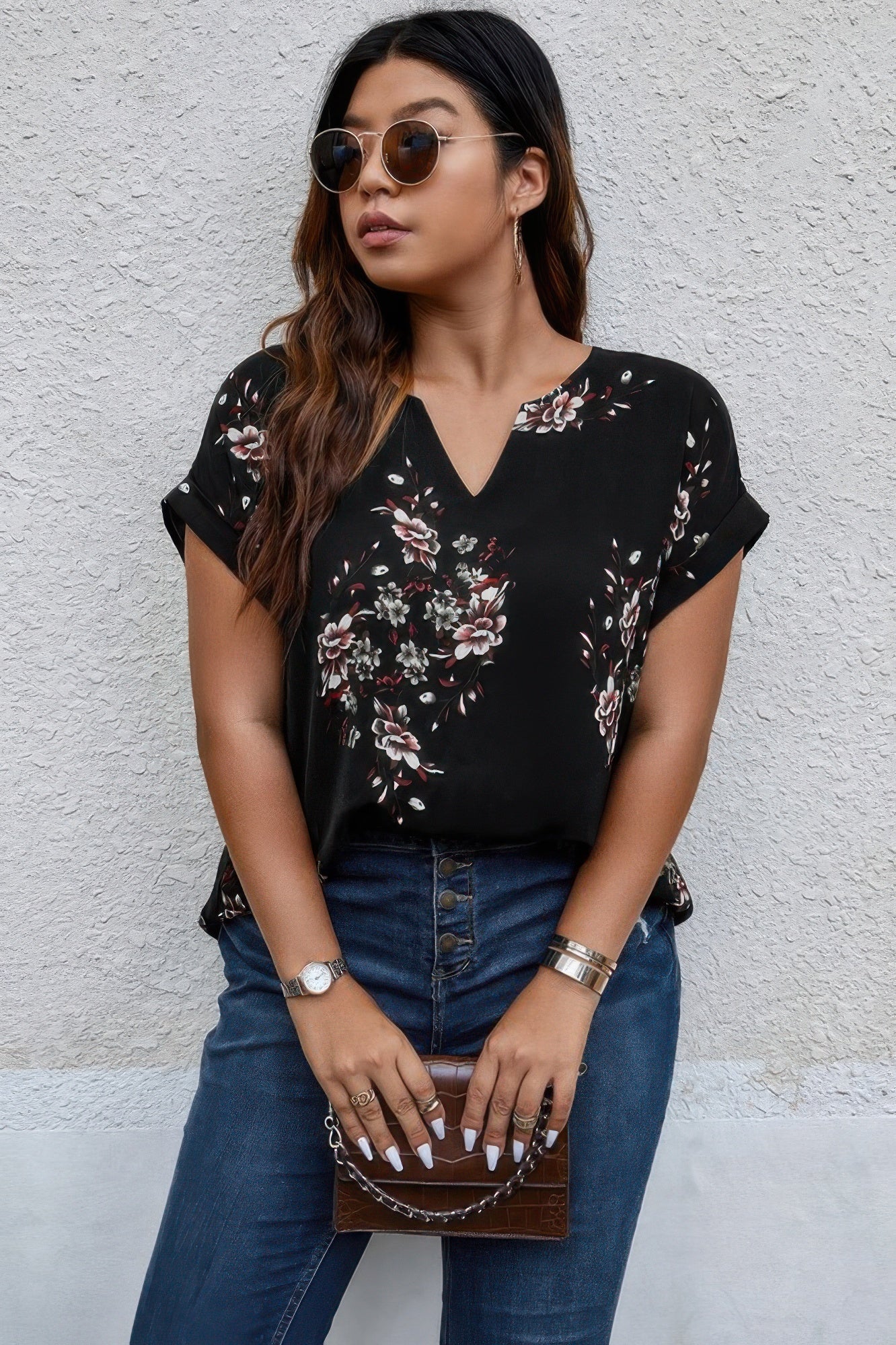 Floral Print V Neck Blouse - Oh she Rose