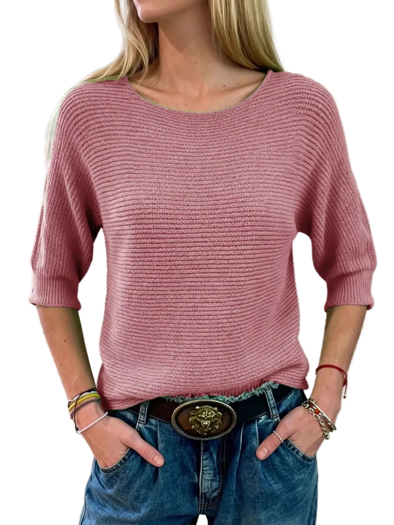 Full Size Ribbed Knit Round Neck Sweater Plus Size - Oh she Rose