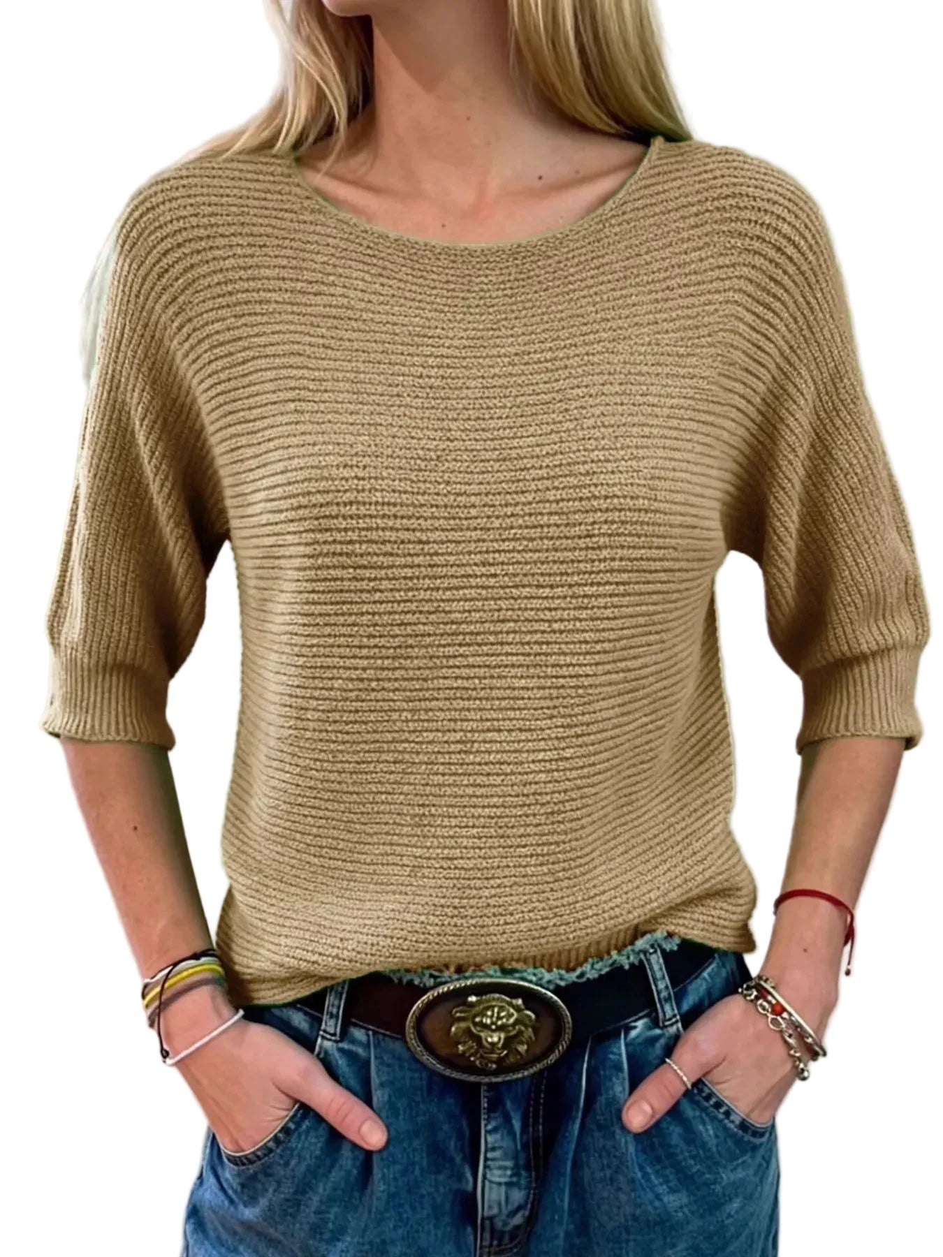 Full Size Ribbed Knit Round Neck Sweater Plus Size - Oh she Rose