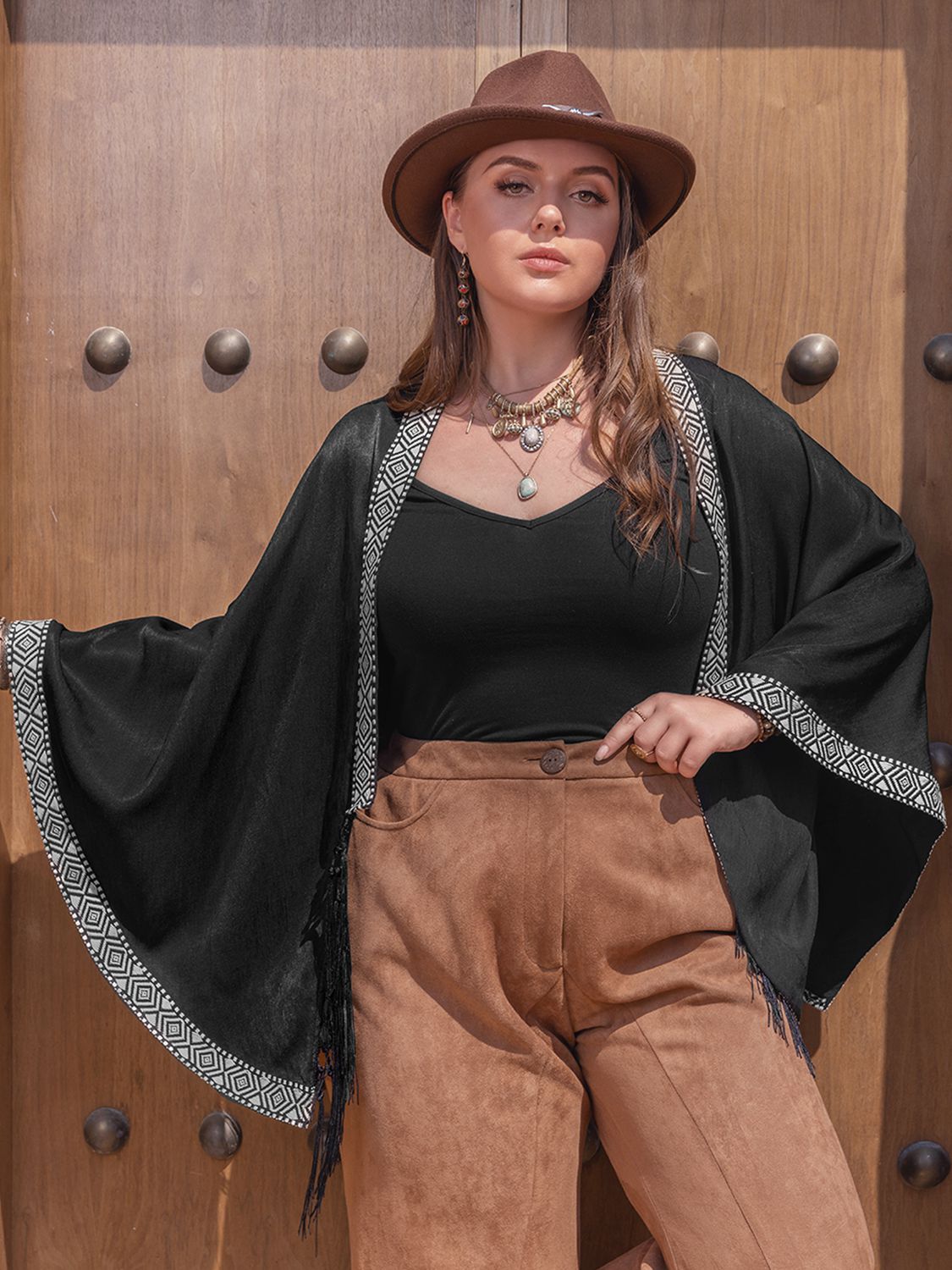 Geometric Open Front Fringe Hem Cardigan - Oh she Rose