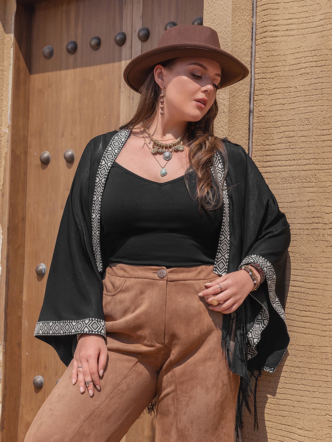 Geometric Open Front Fringe Hem Cardigan - Oh she Rose