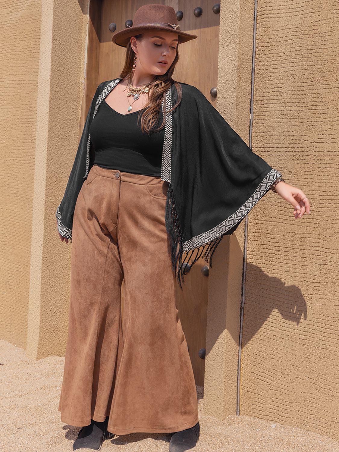 Geometric Open Front Fringe Hem Cardigan - Oh she Rose